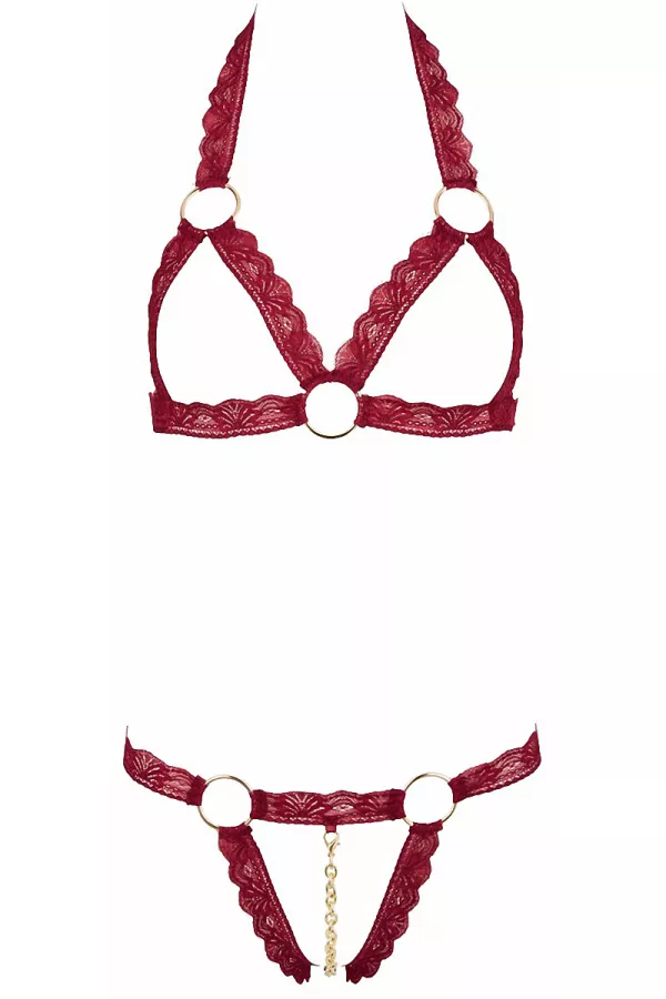 Ensemble string ouvert et seins nus bordeaux - Cottelli Lingerie