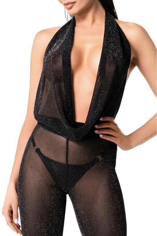 Bodysuit bare back in glittered netting Luminara F350 - Noir Handmade