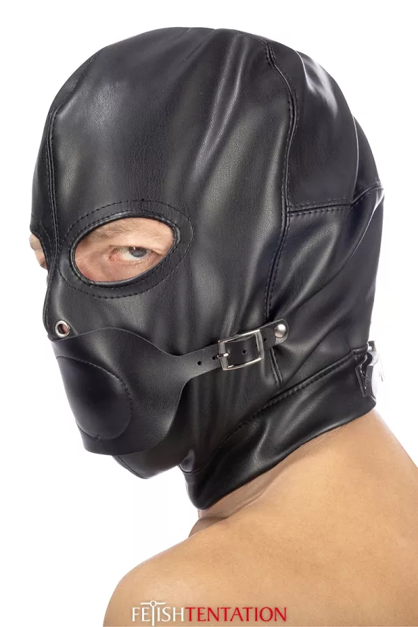 Leatherette BDSM bonnet with removable gag