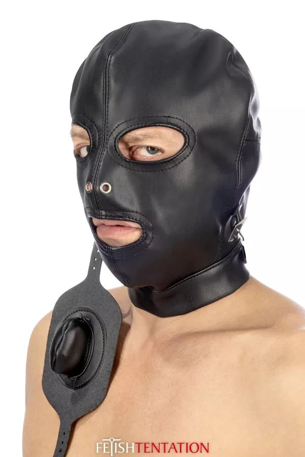 Leatherette BDSM bonnet with removable gag