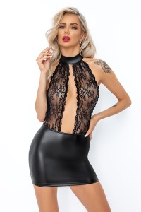 Abito corto wetlook e pizzo F279