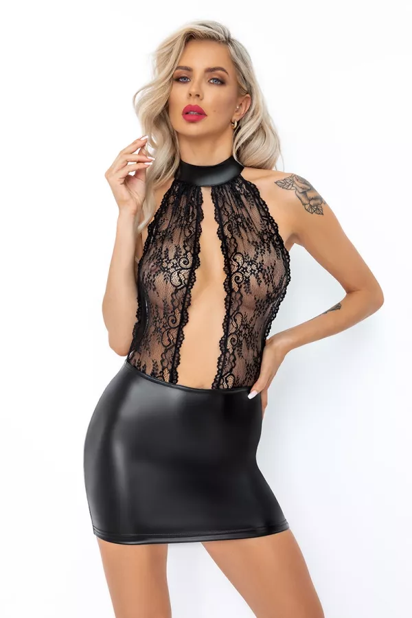 Robe courte wetlook et dentelle F279